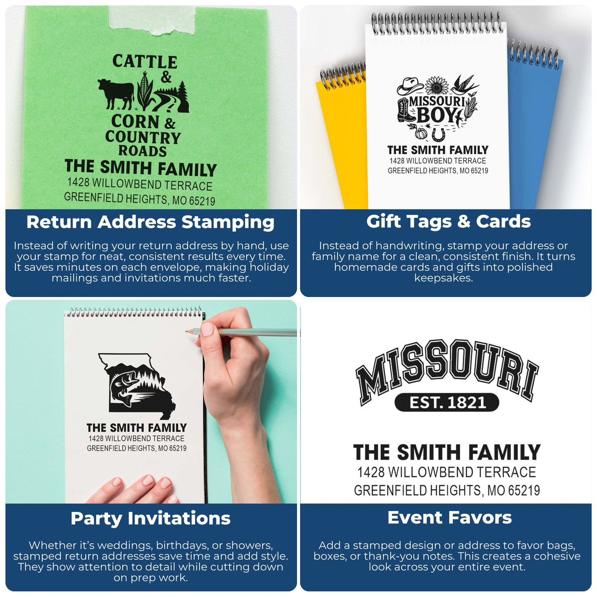 Custom rubber stamps for return addresses, gift tags, invitations, and event favors featuring family name and address.