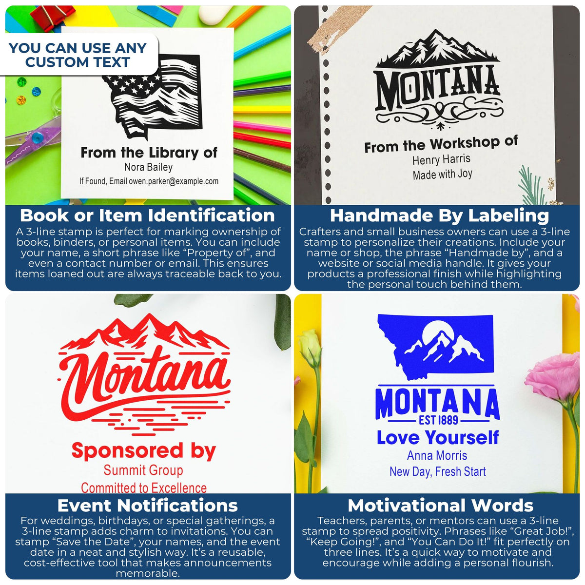 Custom rubber stamp collage with personalized 3-line designs for book labels, handmade branding, event notices, and motivation.