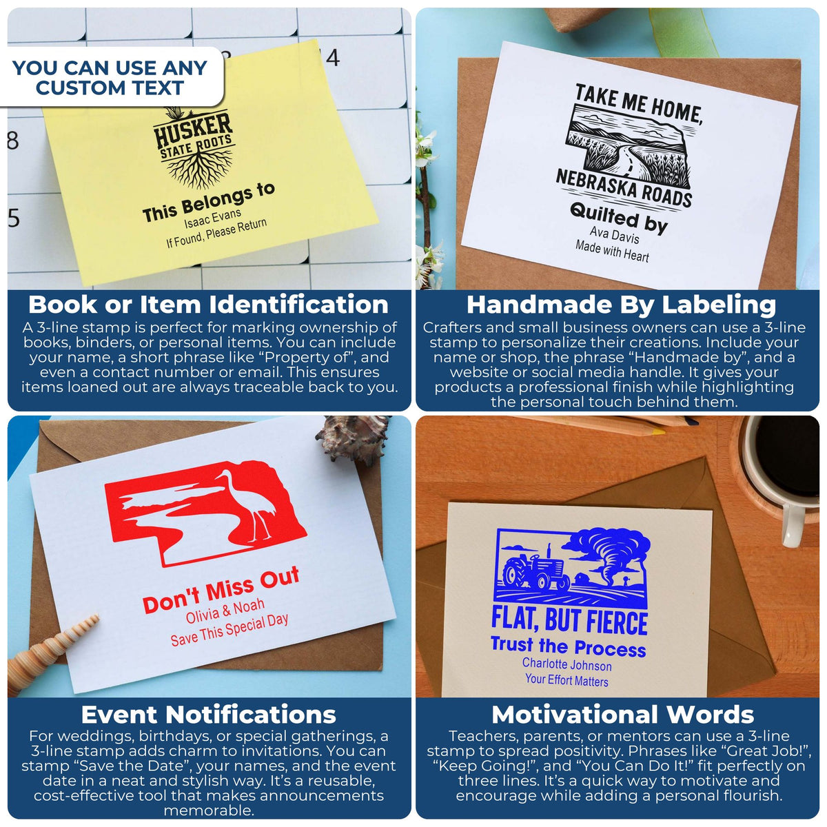 Personalized rubber stamp design examples for book identification, handmade labeling, event invites, and motivational messages.