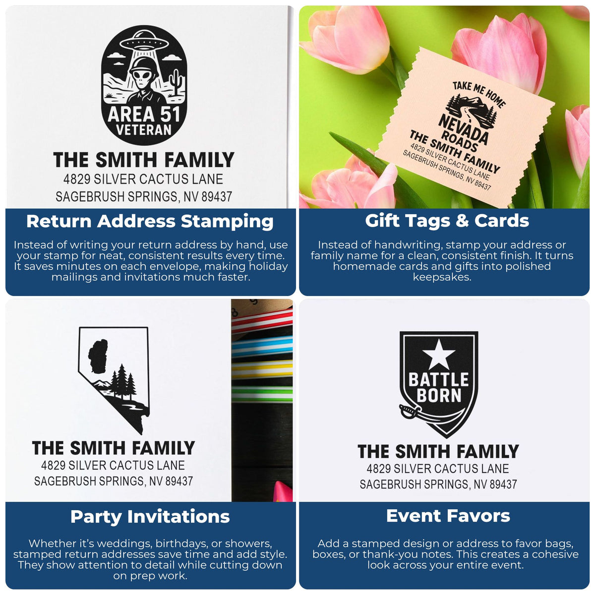 Custom rubber stamps for return addresses, gift tags, party invitations, and event favors.