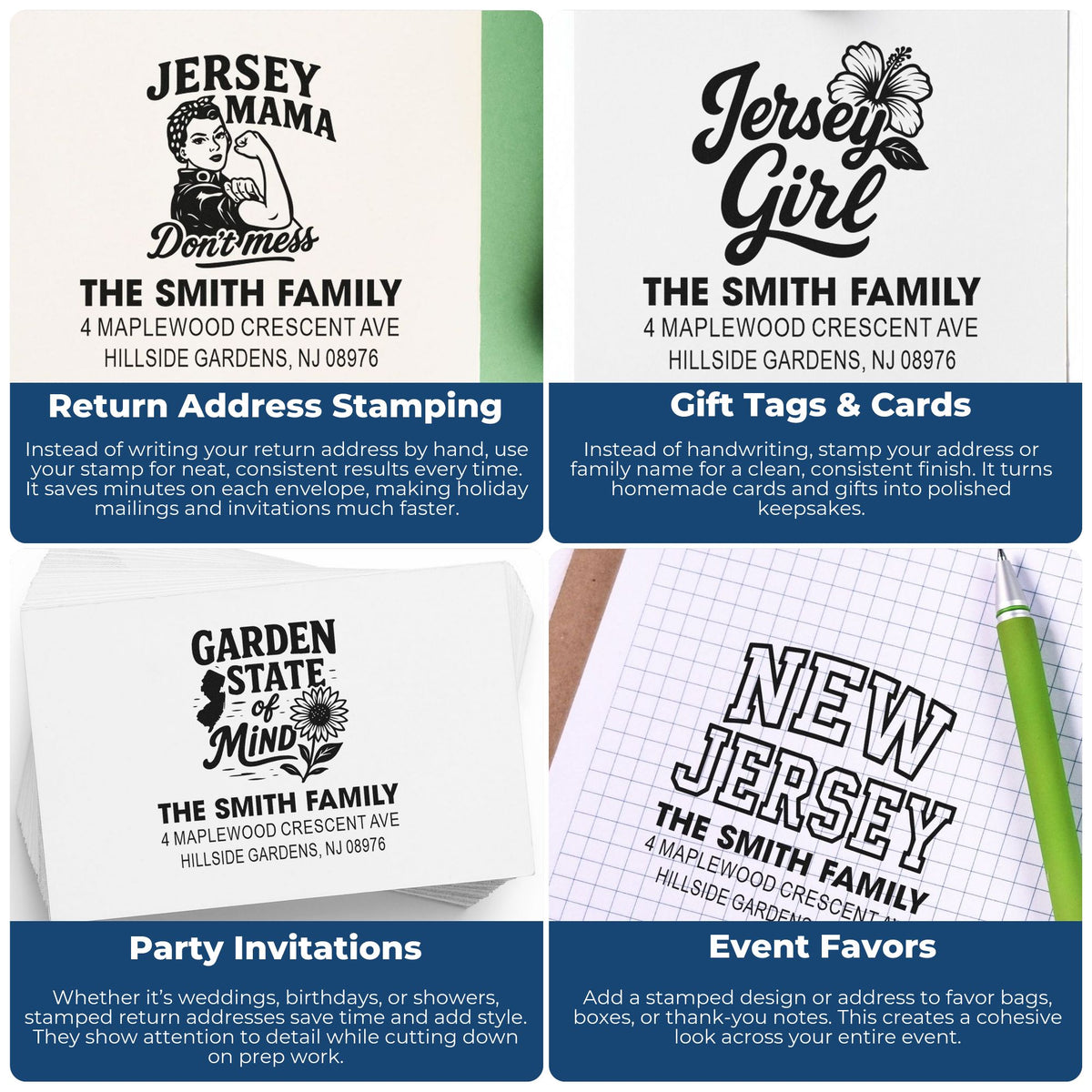 Custom rubber stamp design examples for return addresses, gift tags, party invitations, and event favors.