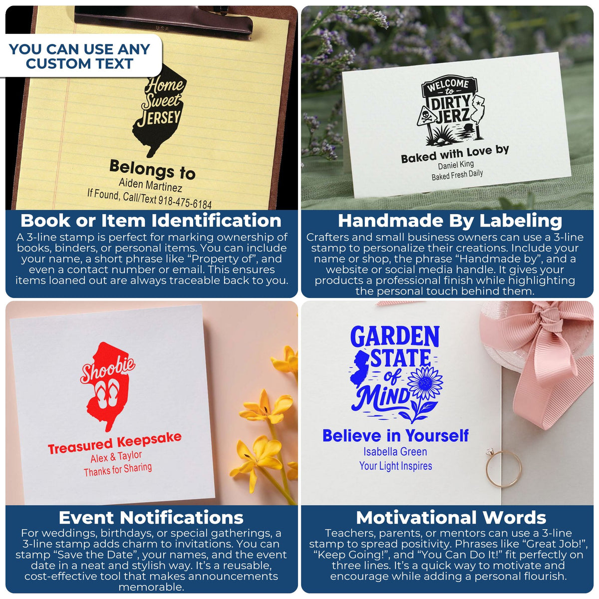 Personalized 3-line rubber stamp examples for book IDs, handmade labels, event notices, and motivational messages.
