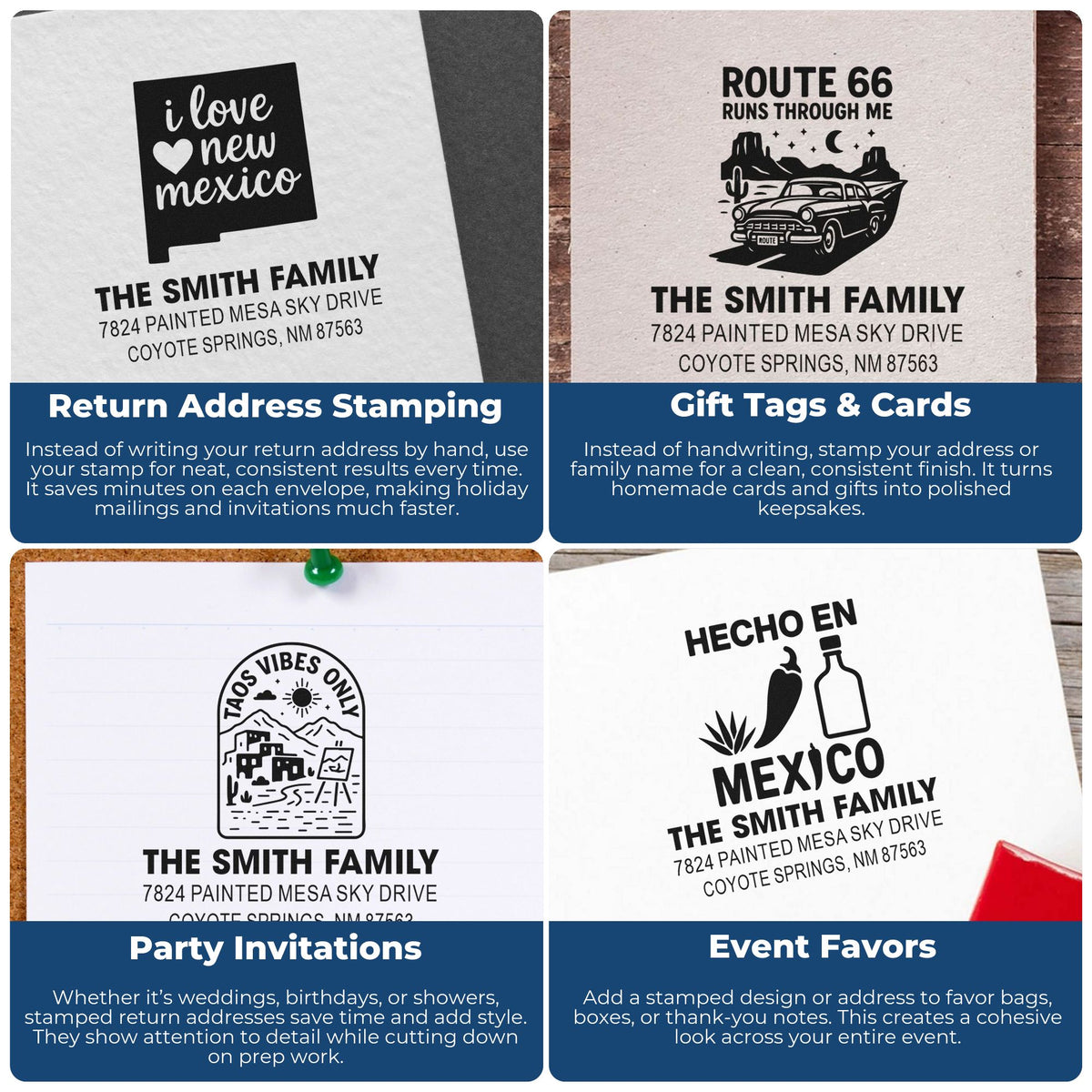 Personalized rubber stamps for return addresses, party invitations, gift tags, and event favors with New Mexico-themed designs.