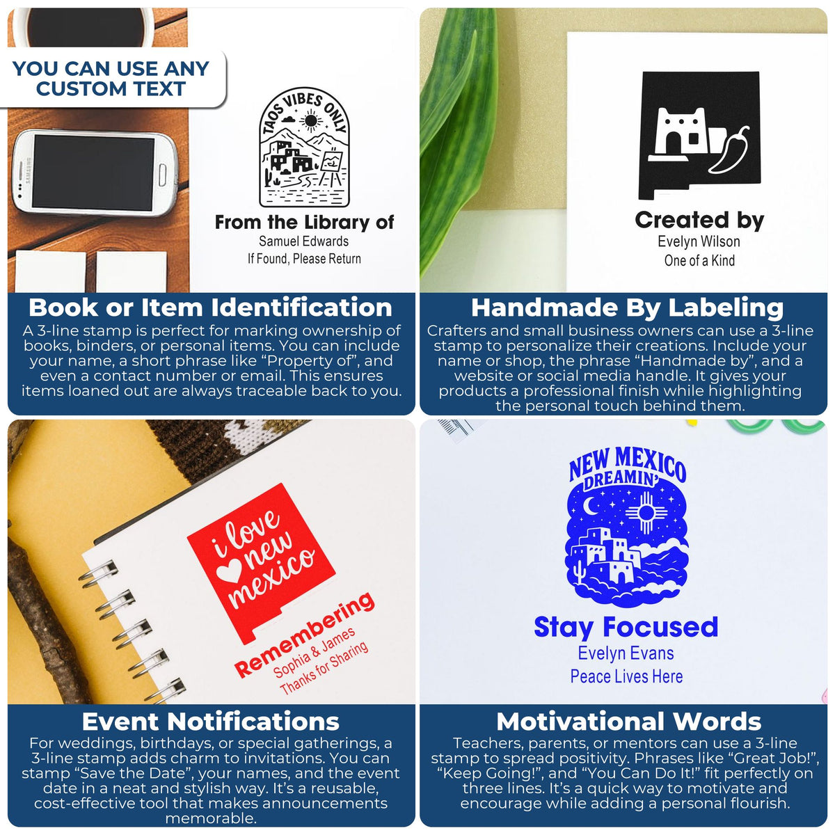 Collage of personalized rubber stamp examples for book labels, handmade products, event notices, and motivational quotes.