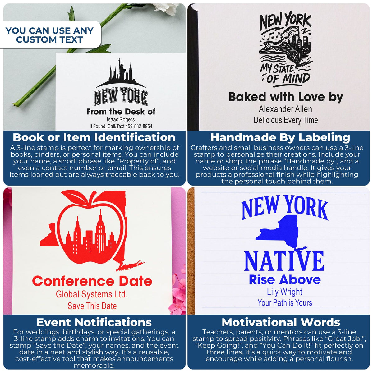 Custom 3-line rubber stamp examples for book identification, handmade labels, save-the-date events, and motivational messages.
