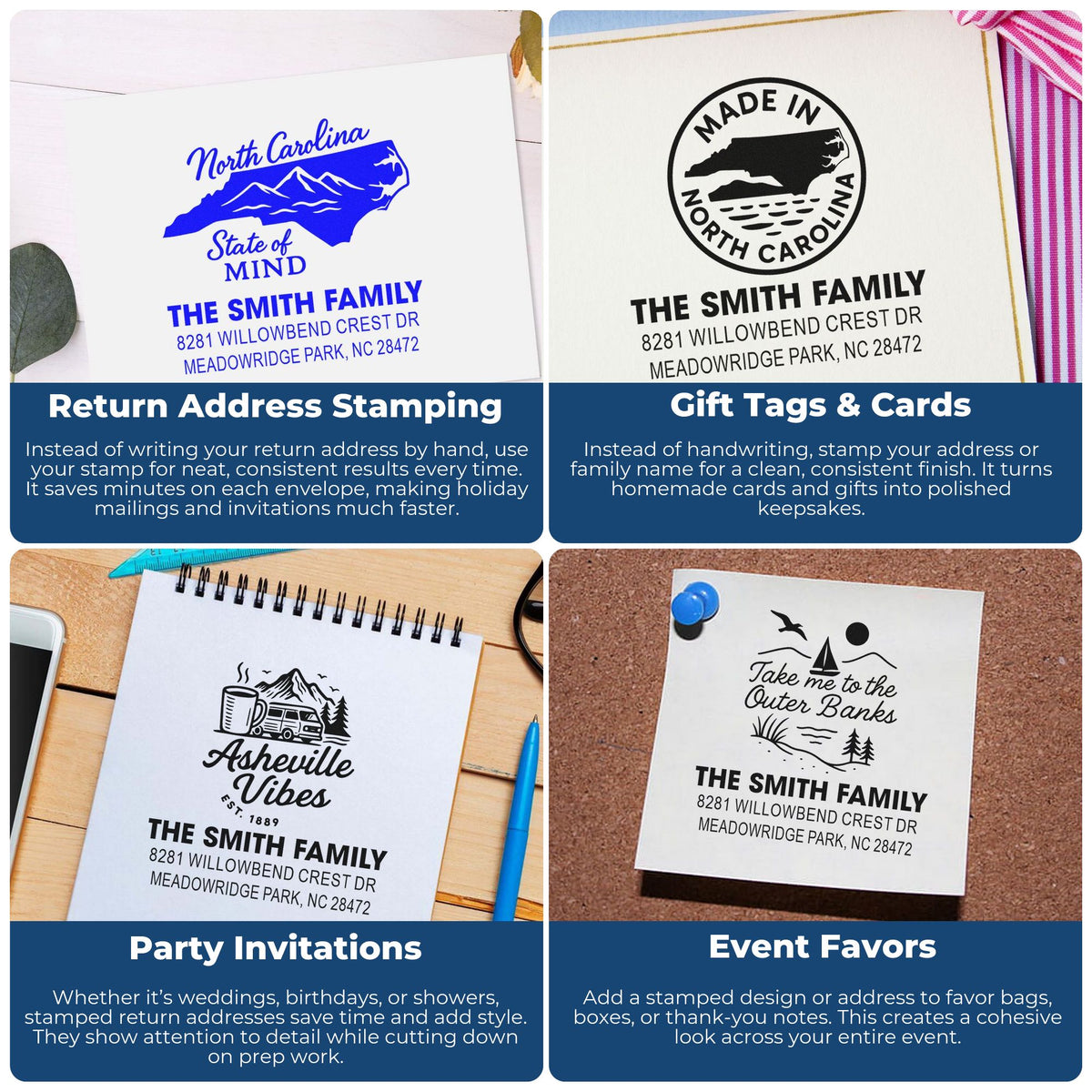 Personalized rubber stamp examples for return addresses, gift tags, invitations, and event favors with custom North Carolina designs.