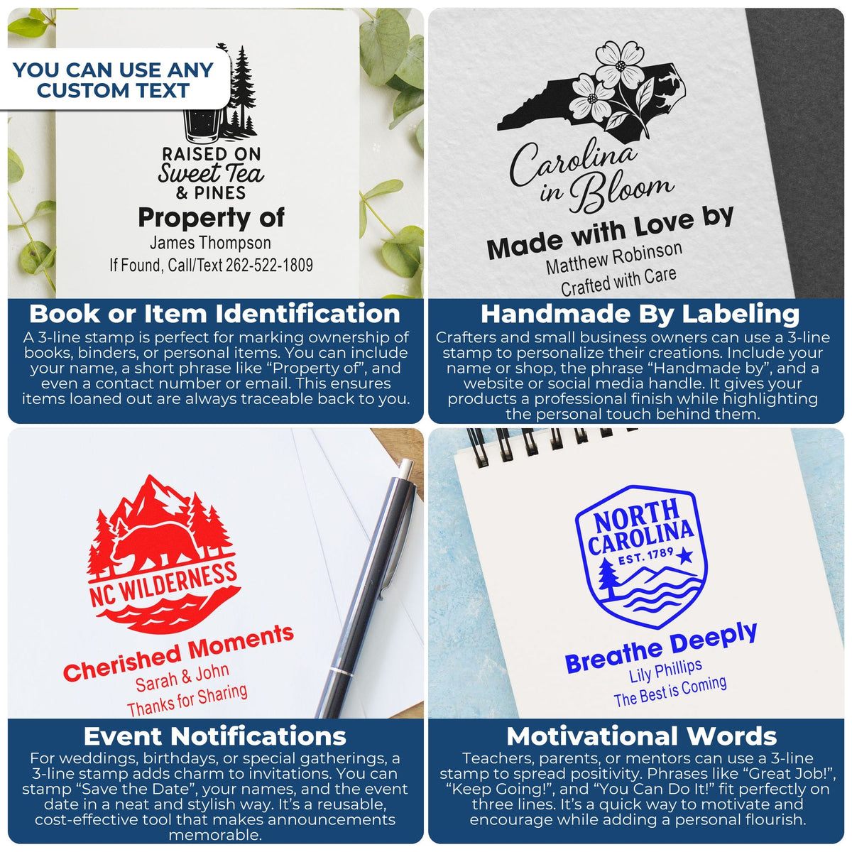 Collage of custom rubber stamp examples for book identification, handmade labels, event invites, and motivational messages.