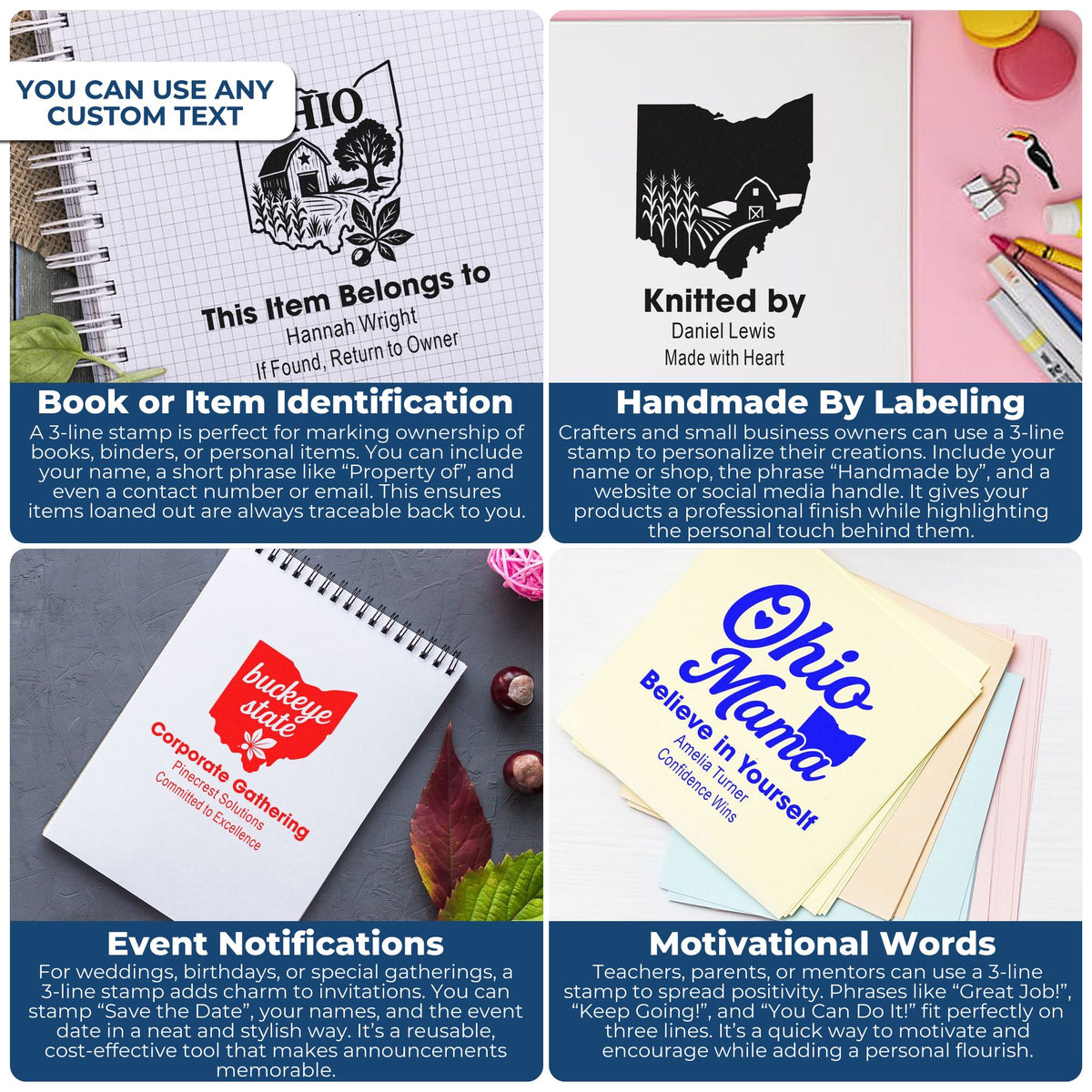 Personalized rubber stamps for book ownership, handmade labels, event invites, and motivational messages with custom text.