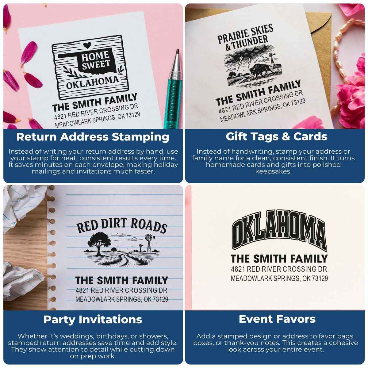 Custom rubber stamps for return addresses, party invitations, gift tags and event favors with personalized family designs.