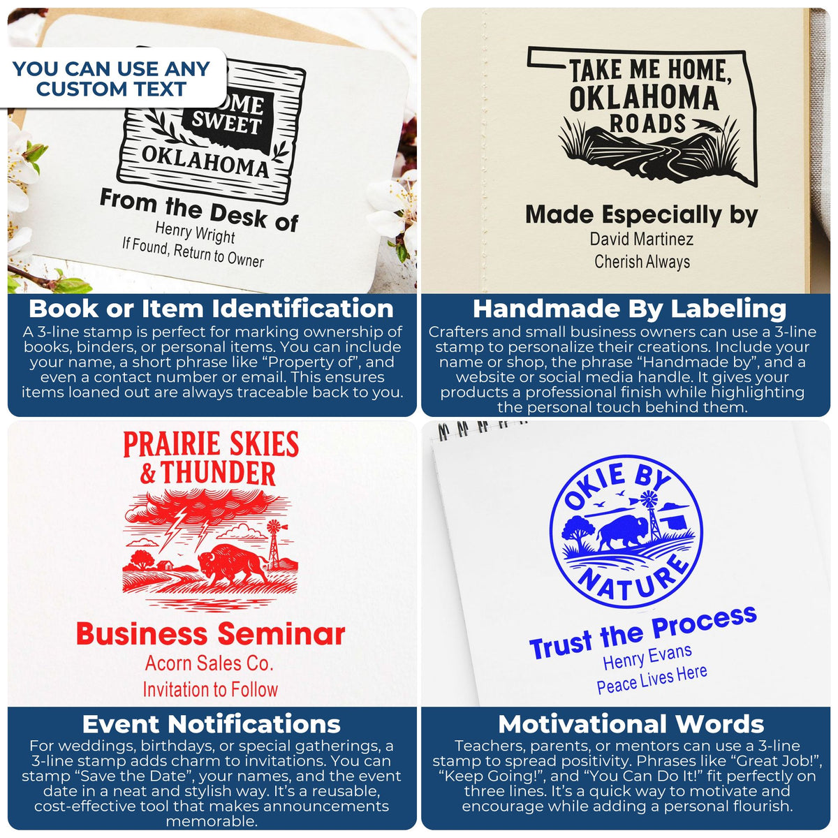 Custom 3-line rubber stamp examples for book labels, handmade products, event invites, and motivational messages.