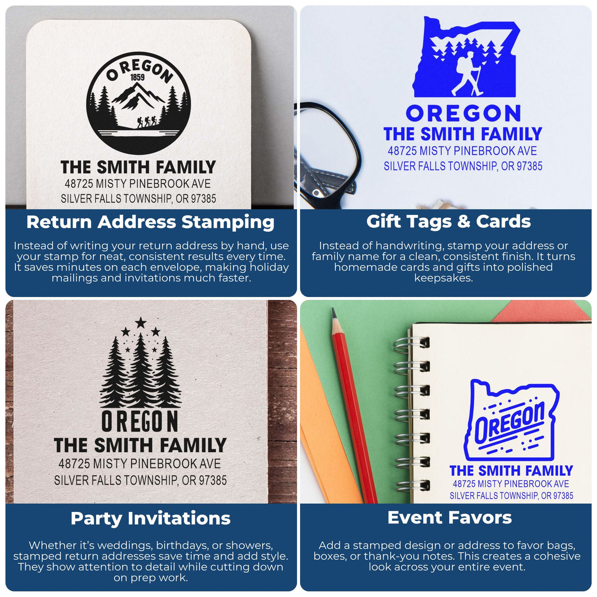 Custom Oregon rubber stamps for return addresses, gift tags, party invitations, and event favors with family name and address.