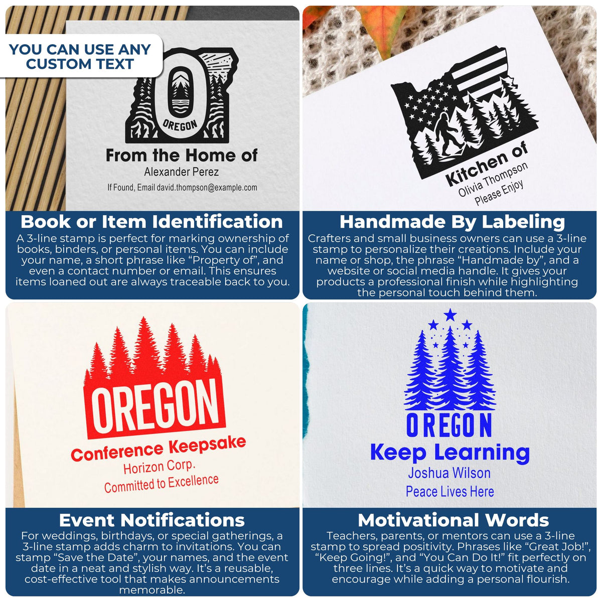 Custom 3-line rubber stamp examples for book labels, handmade products, event announcements, and motivational messages.