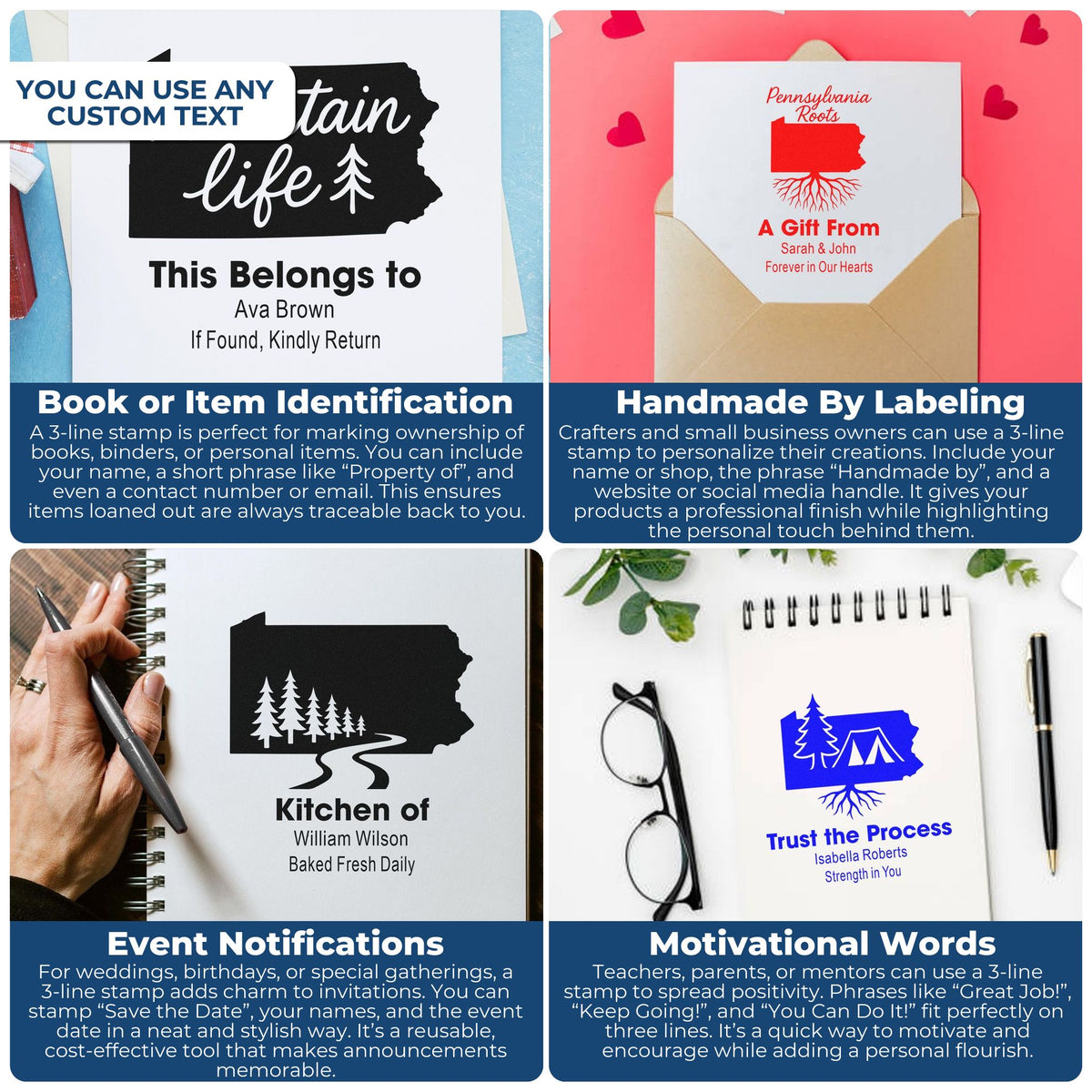 Custom rubber stamp infographic with personalized designs for book labels, handmade products, event invites, and motivational messages.