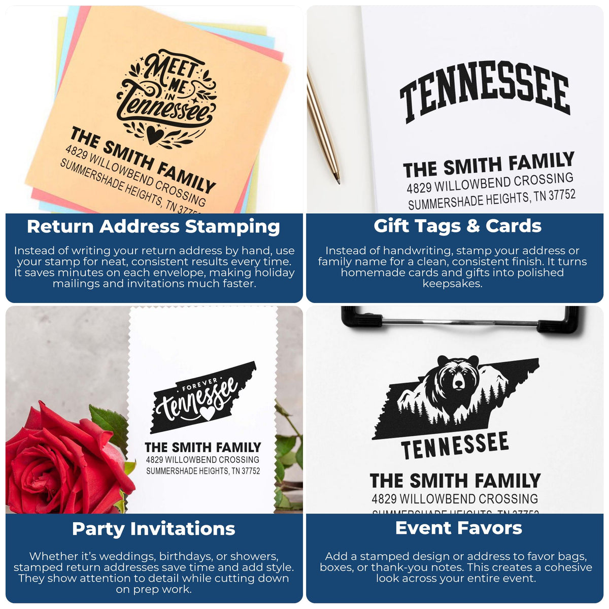 Custom Tennessee rubber stamps for return addresses, gift tags, party invitations, and event favors.