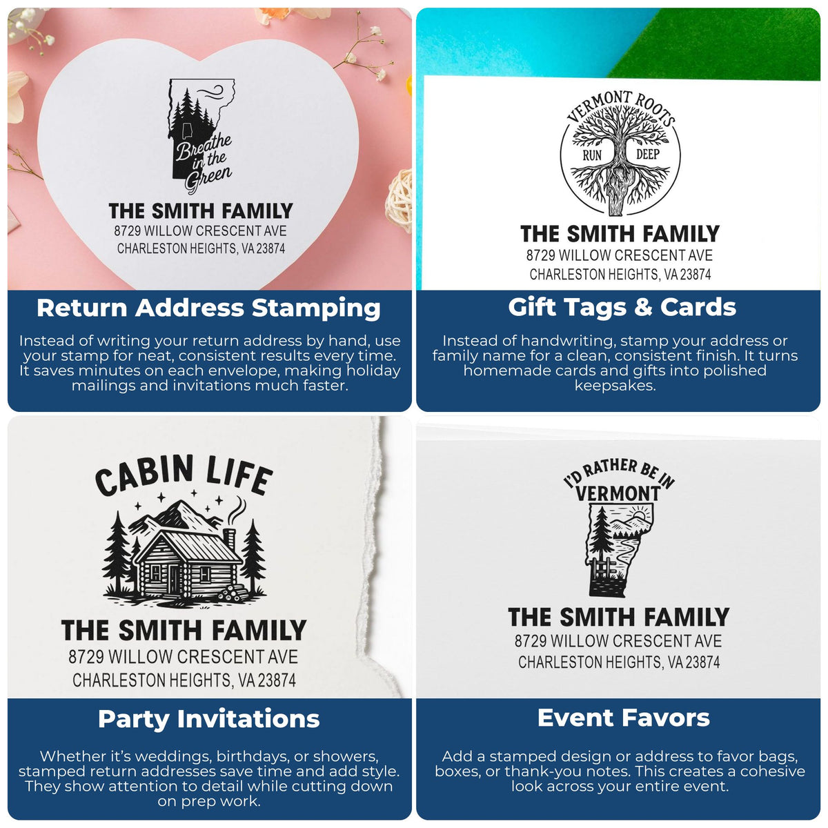 Custom rubber stamps for return addresses, gift tags, party invitations, and event favors with personalized family name and address.