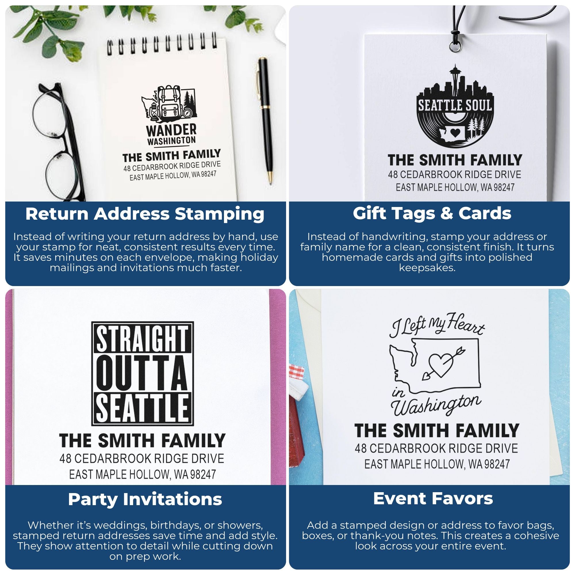 Custom Seattle-themed address stamps on notebooks, gift tags, party invitations, and event favors for family mailing and crafts.
