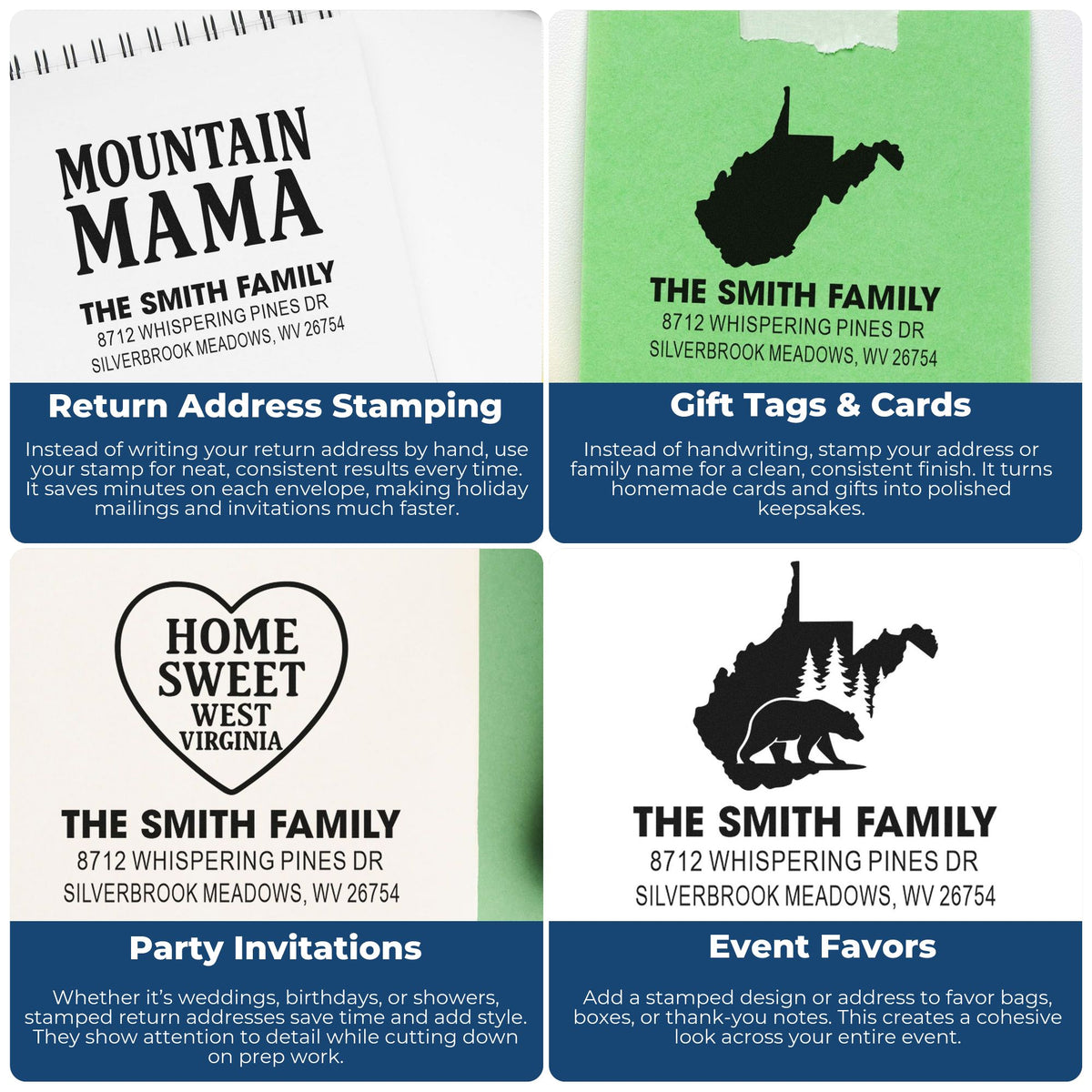 Custom West Virginia return address stamps on cards and gift tags, featuring mountain, heart, and state silhouette designs for mailing and events.