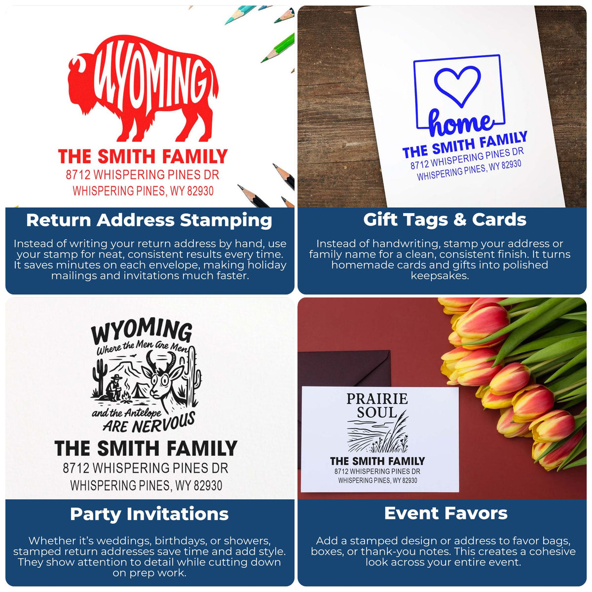 Custom address stamps for return mail, gift tags, party invitations and event favors displayed on paper, envelopes and stationery with floral accents.