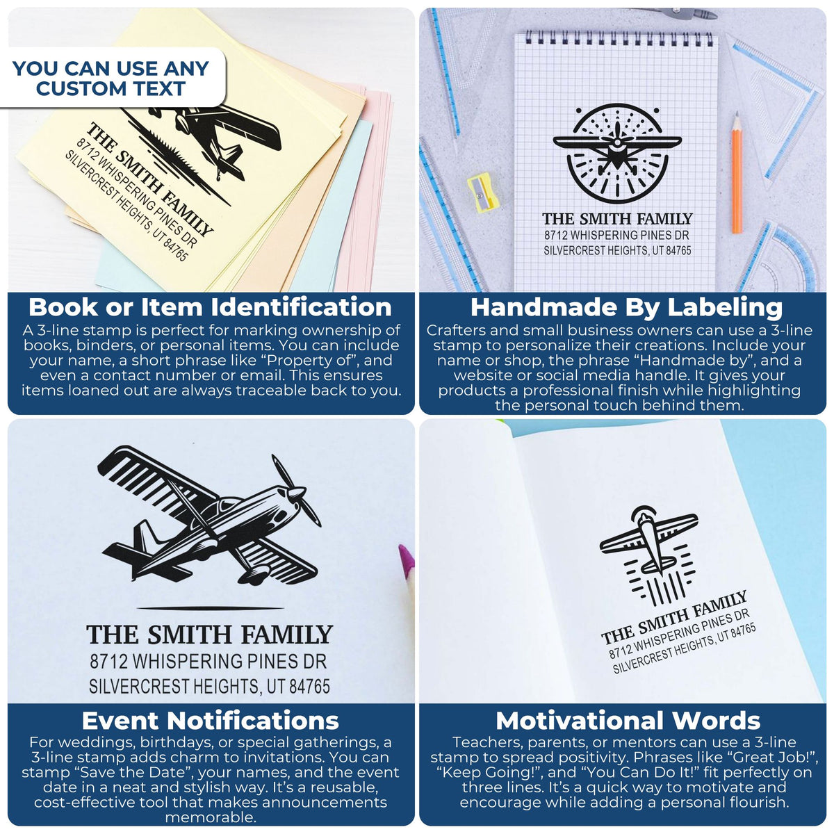 Custom 3-line self-inking stamps on books, notebook and stationery, featuring personalized name, address and airplane designs for labeling and gifting.