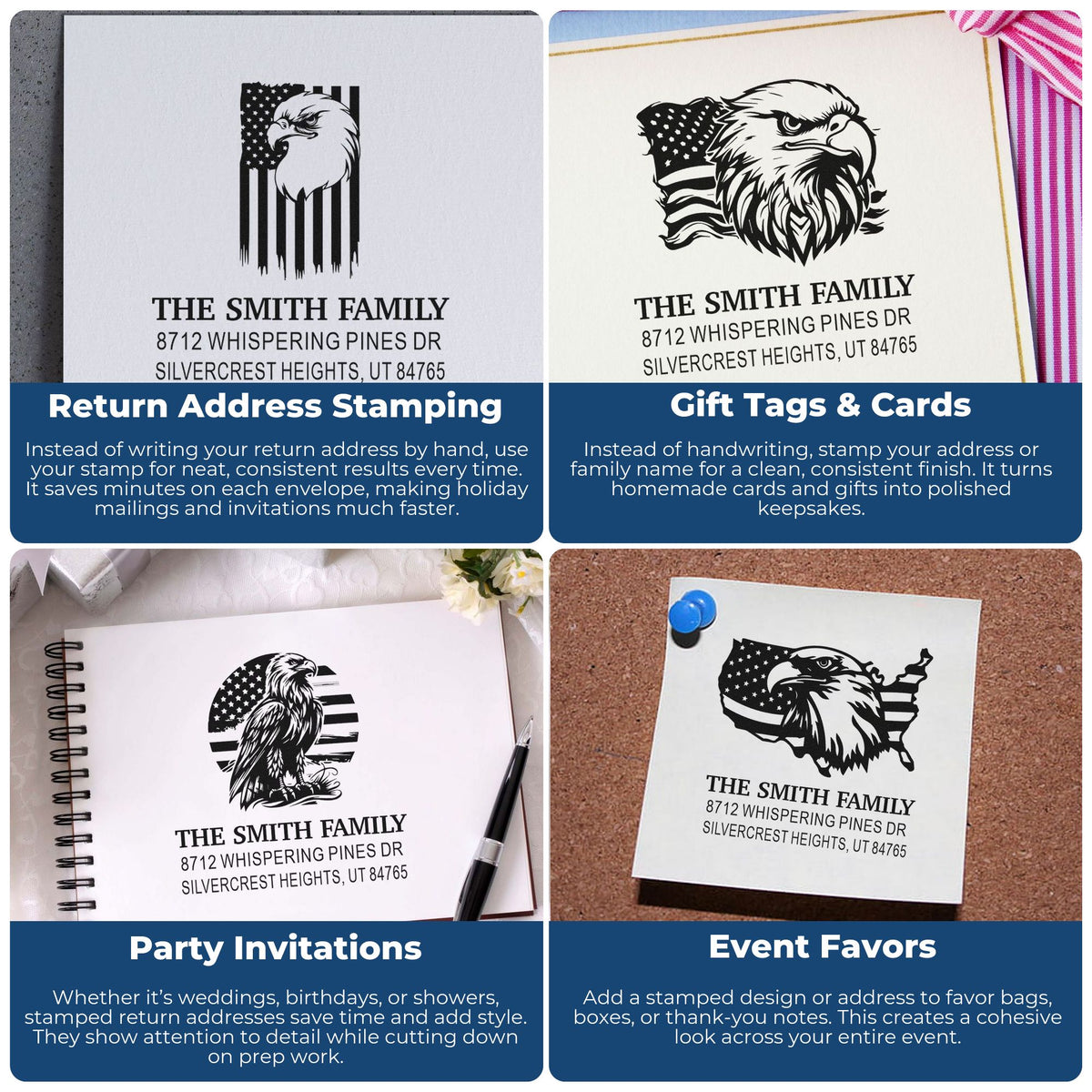 Custom eagle and American flag return address stamps shown on cards, invitations, and favor bags for personalized mailing, gifting, and events.