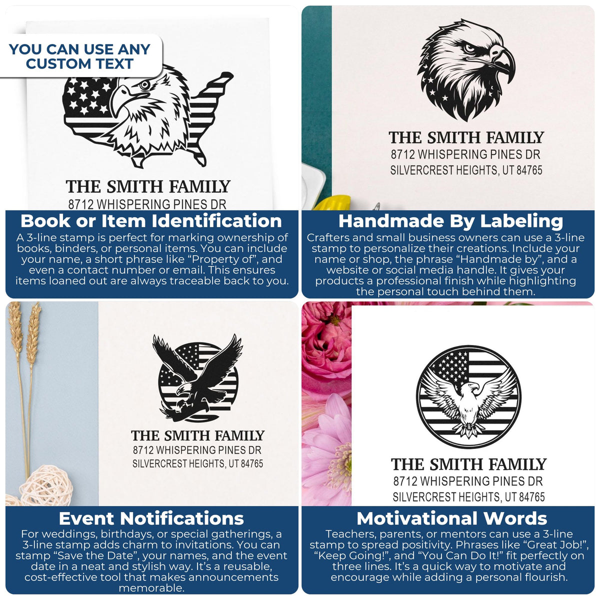 Custom 3-line rubber stamp designs with eagle and American flag motifs for personalized address labels, book marking, handmade items, and events.