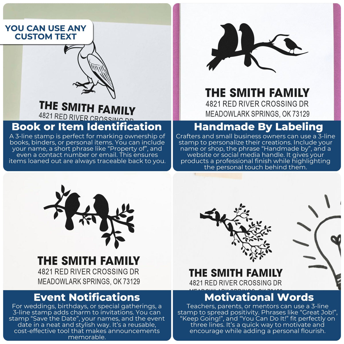 Custom rubber stamp with bird design and personalized family name and address, ideal for book identification, labels, and ownership marking.