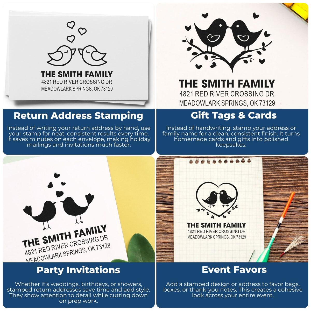 Personalized family rubber stamp with birds and hearts for return addresses, gift tags, party invitations, wedding cards, and event favors.
