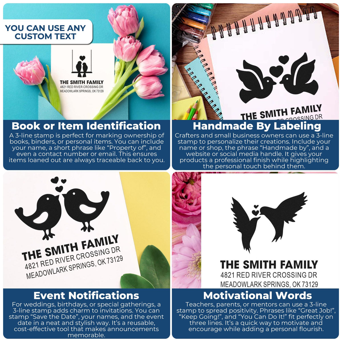 Custom rubber stamp for book and item identification with name, address, and birds design for personal ownership labeling and organization.