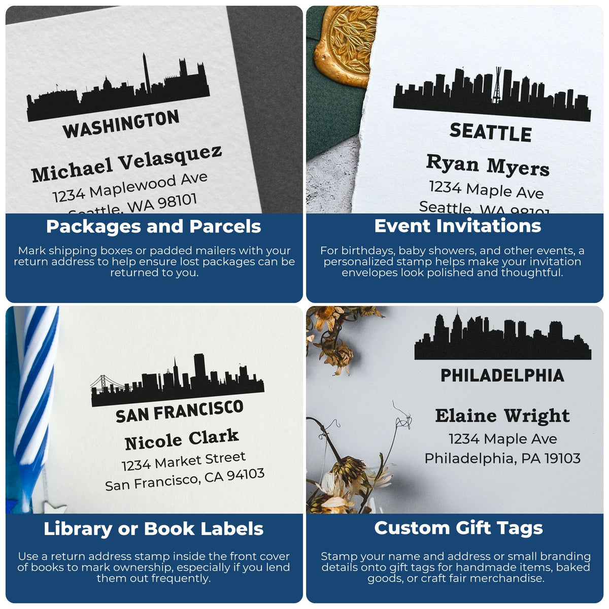 Custom rubber stamps for return address labels, package mailers, invitations, book labels, and gift tags with city skyline designs.