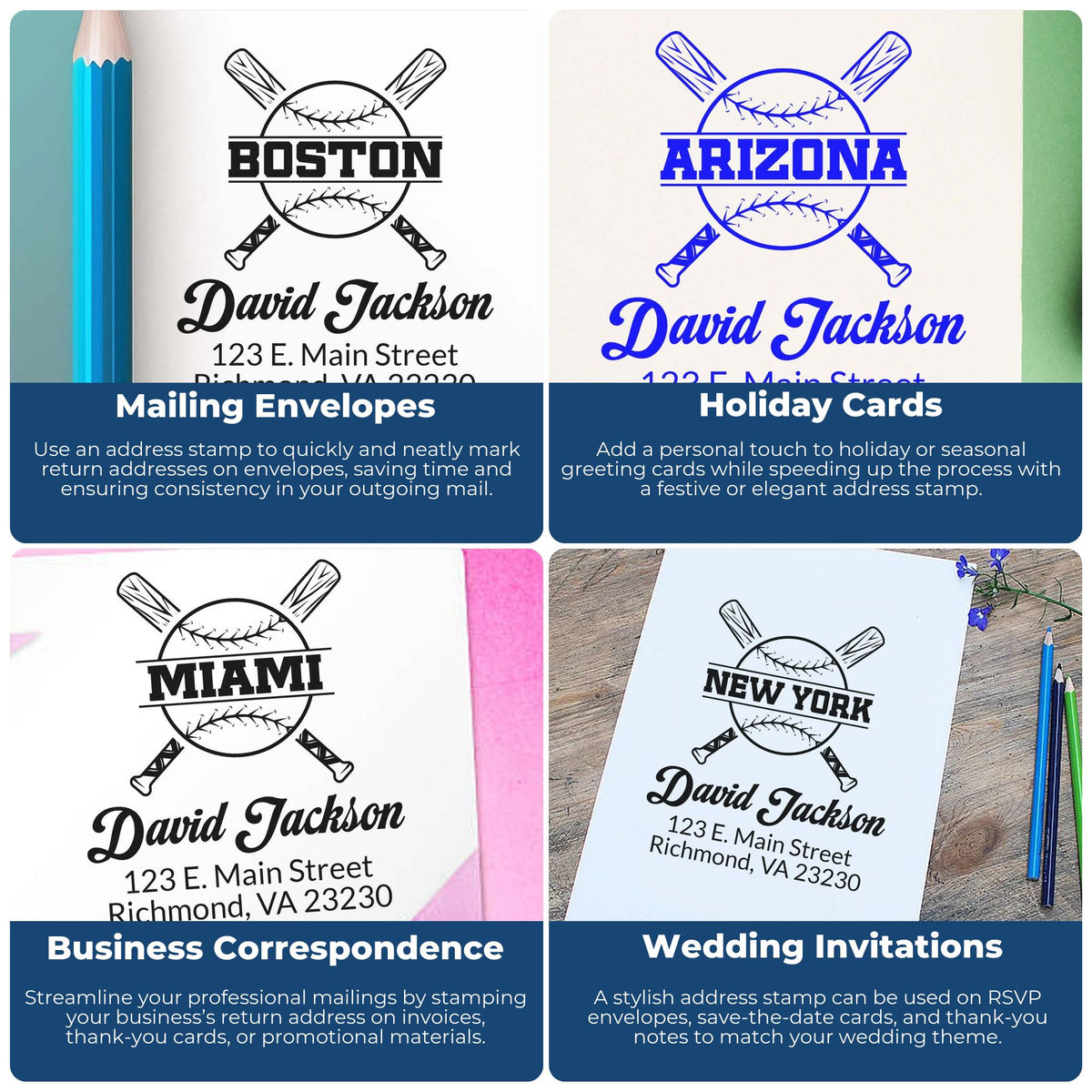 Custom baseball return address rubber stamp examples for envelopes, holiday cards, business mail, and wedding invitations.
