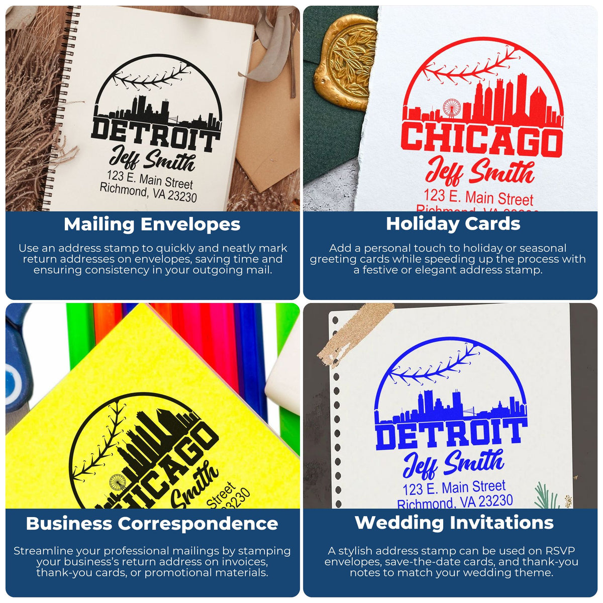 Custom address rubber stamp examples for envelopes, holiday cards, business mail, and wedding invitations.