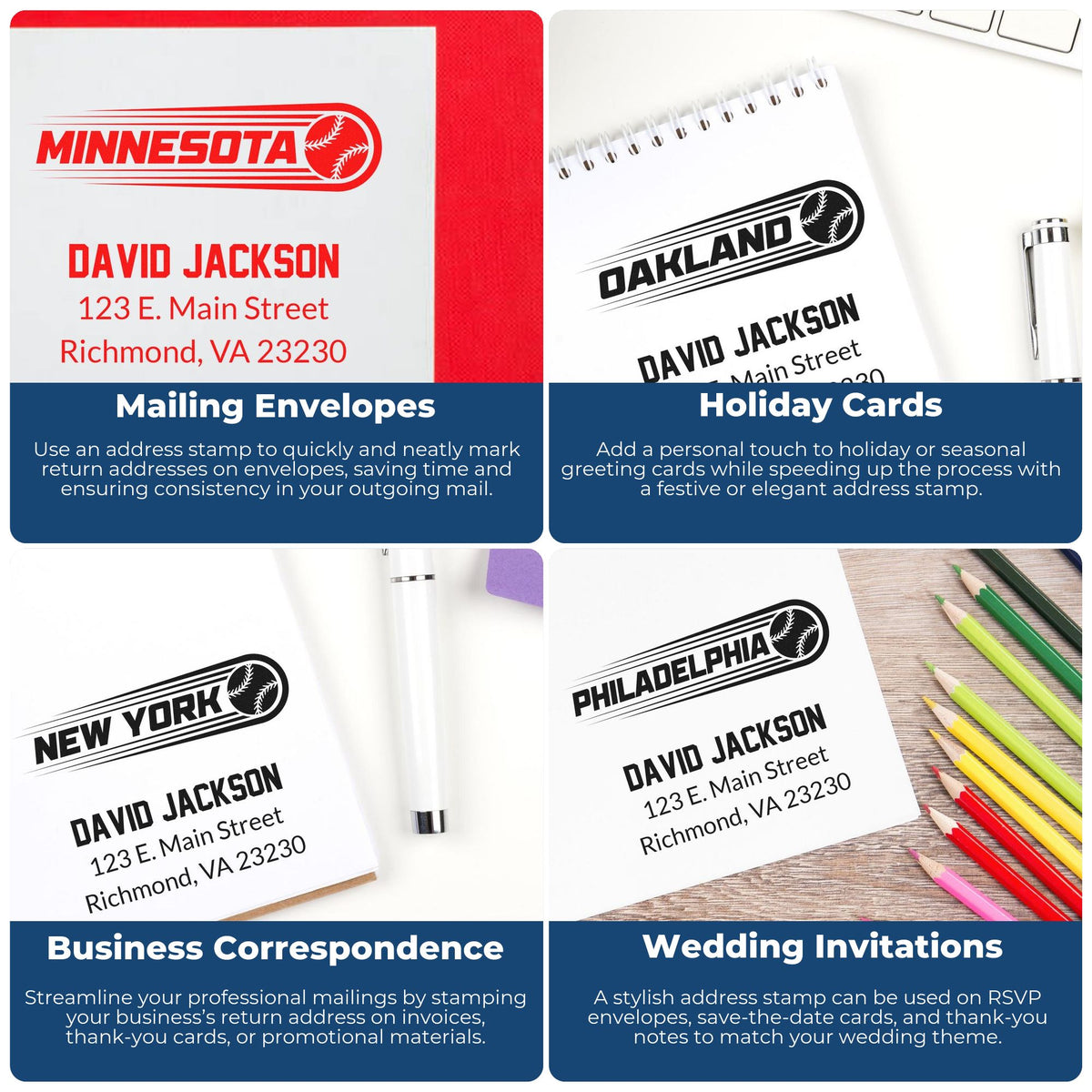 Collage of custom return address rubber stamps used for envelopes, holiday cards, business mailings, and wedding invitations.