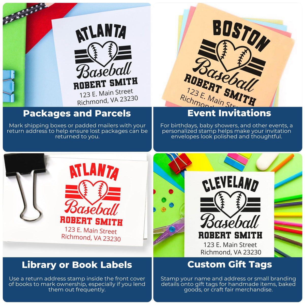 Personalized baseball return address rubber stamp examples for packages, invitations, book labels, and gift tags.