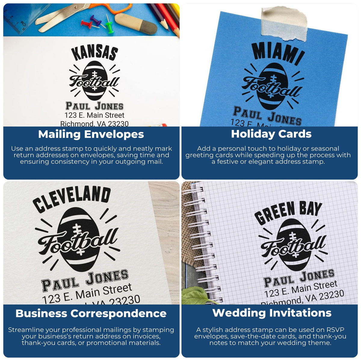 Custom rubber address stamp examples for mailing envelopes, holiday cards, business correspondence, and wedding invitations.