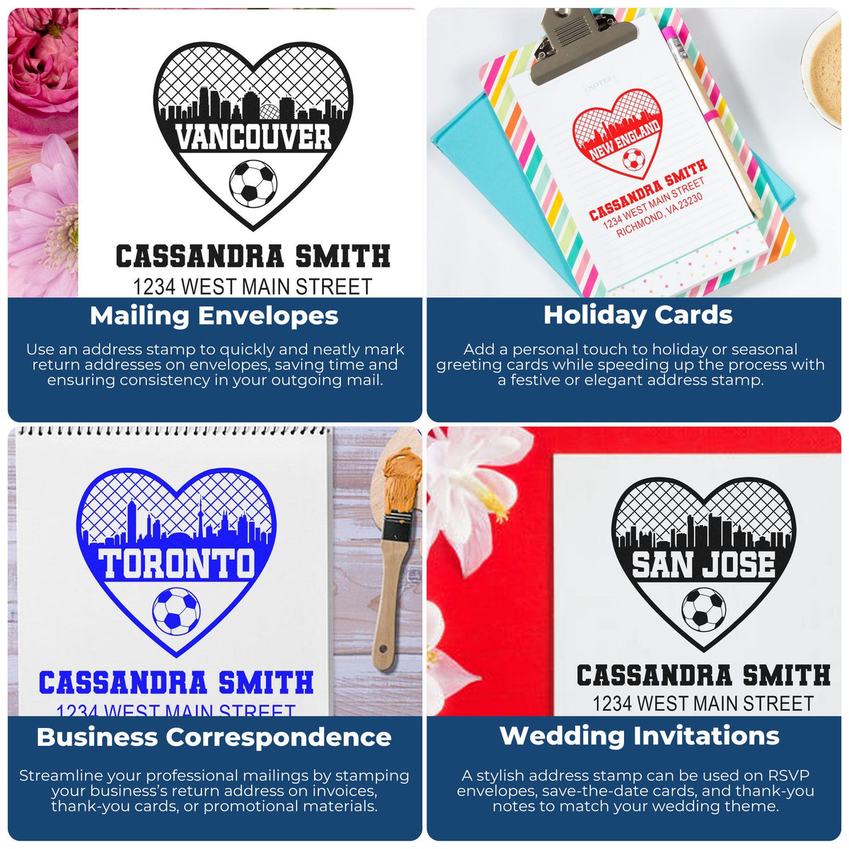 Custom rubber address stamps for mailing envelopes, holiday cards, business correspondence and wedding invitations.