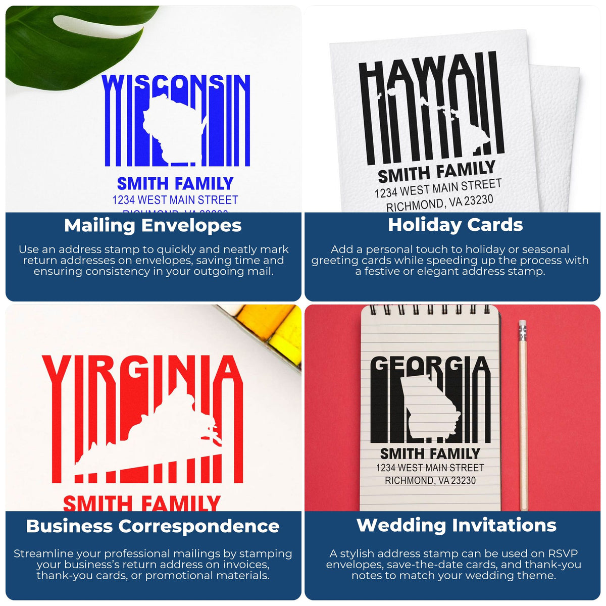 Custom rubber stamps for envelopes, holiday cards, business mail, and wedding invitations with state silhouette address designs.