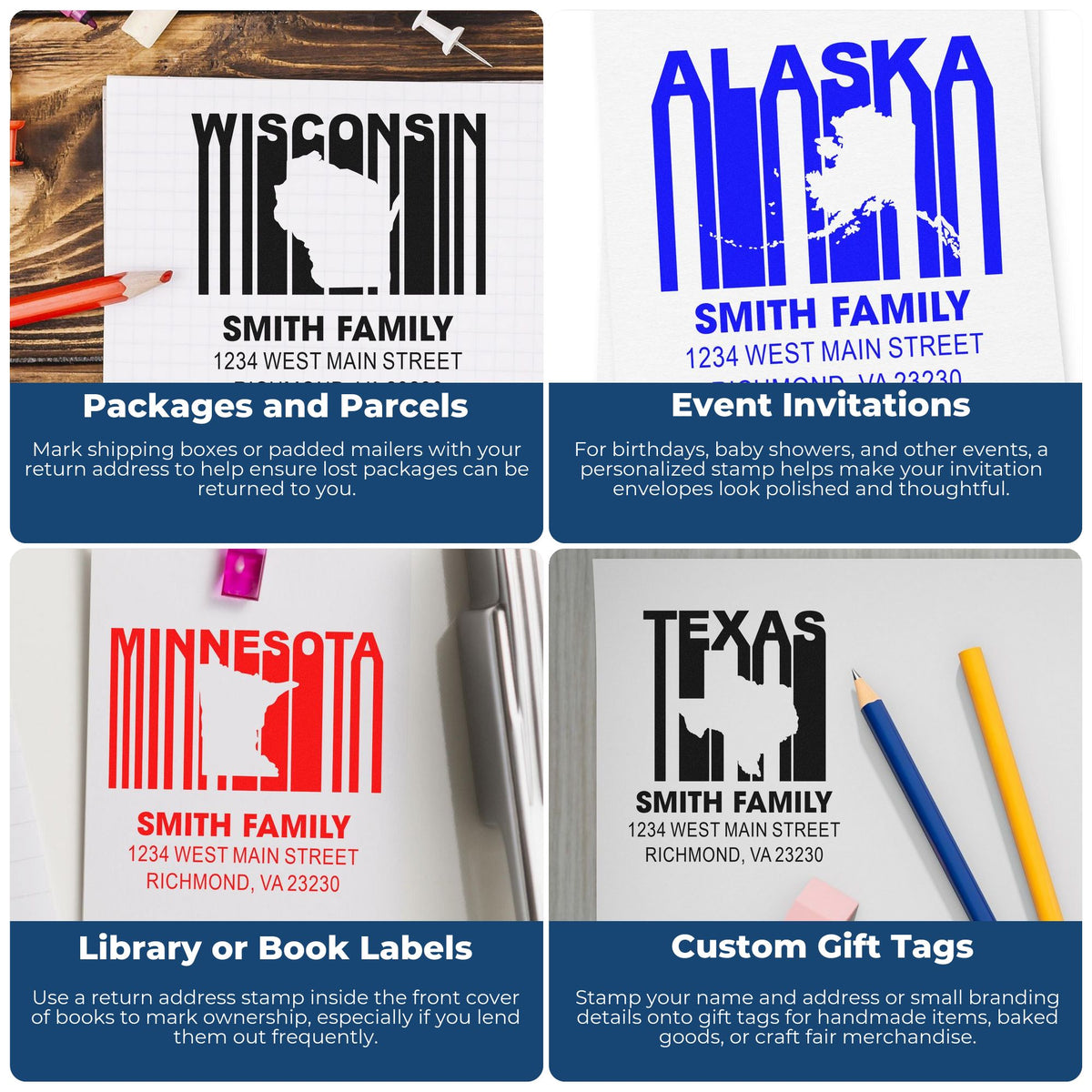 Personalized state return address rubber stamps for packages, invitations, book labels, and custom gift tags.