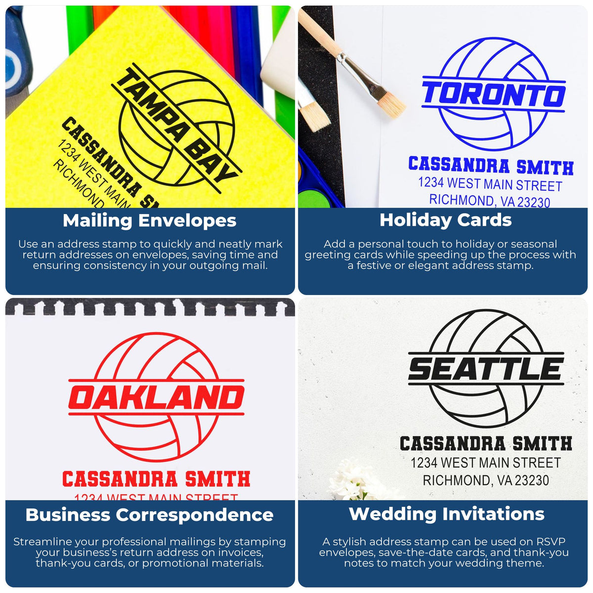 Custom rubber address stamps for envelopes, holiday cards, business mail, and wedding invitations with personalized return addresses.