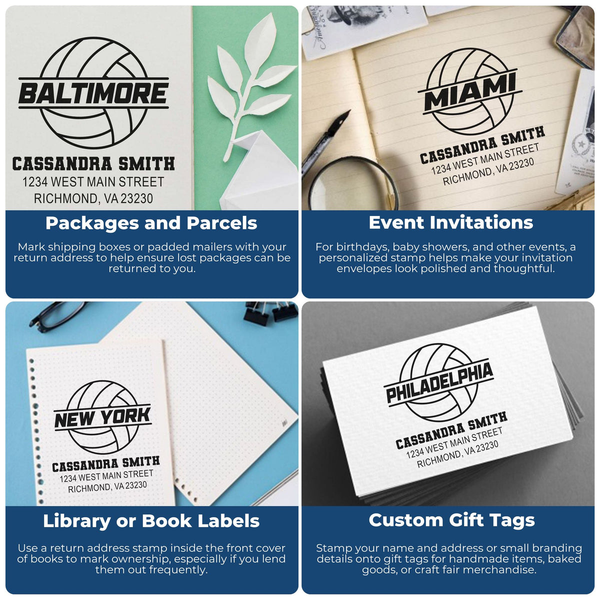 Collage of personalized rubber stamps for return address labels, event invitations, book labels, and custom gift tags.