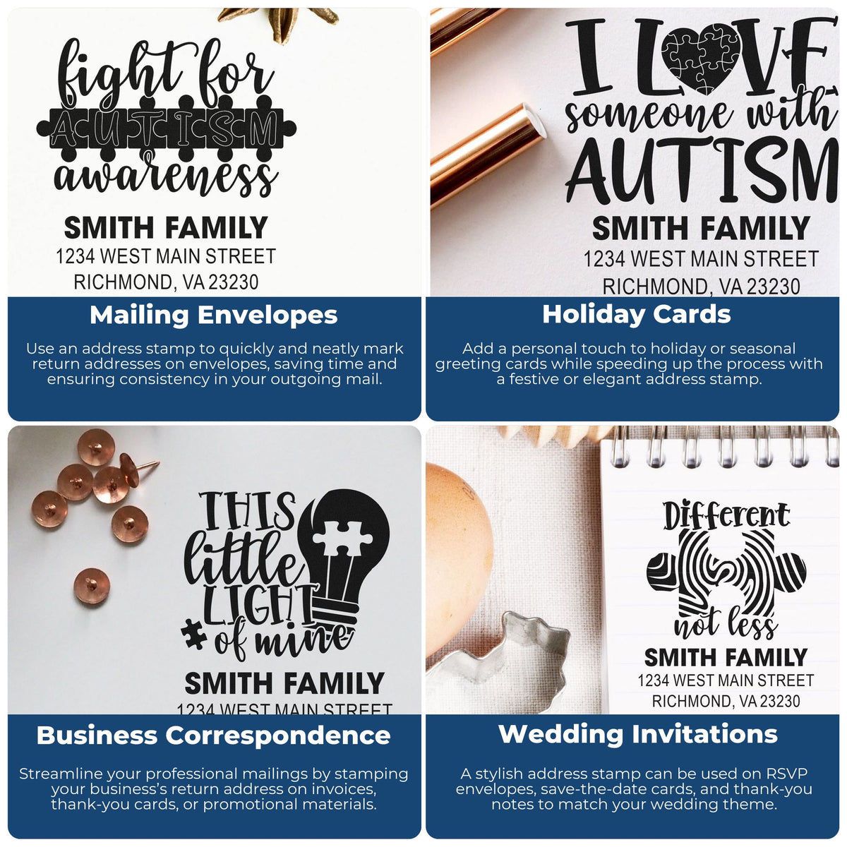 Custom rubber address stamp examples for mailing envelopes, holiday cards, business correspondence, and wedding invitations.