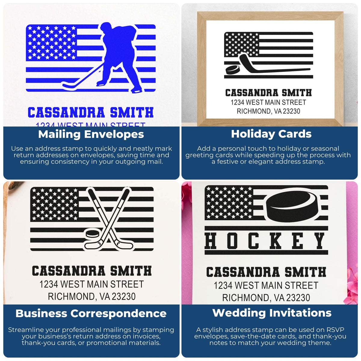 Hockey-themed custom address rubber stamps for envelopes, holiday cards, business mail, and wedding invitations.