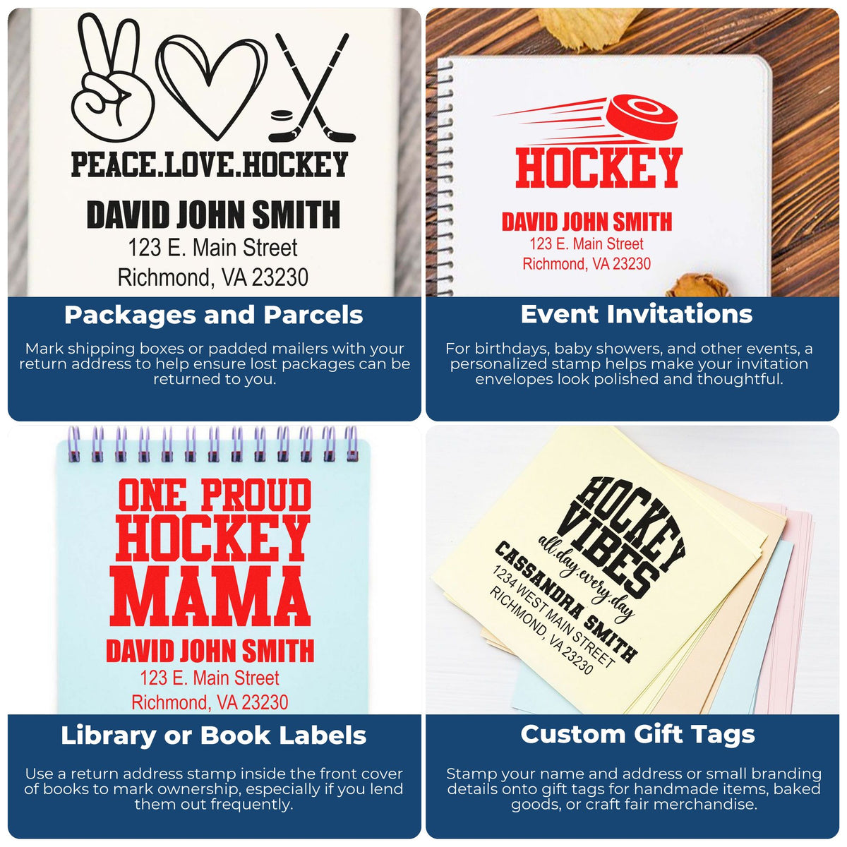 Custom rubber stamps for packages, invitations, book labels and gift tags with personalized hockey-themed designs.