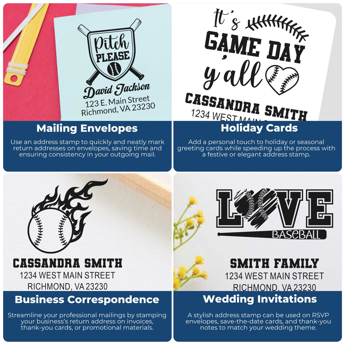 Personalized rubber address stamp examples for envelopes, holiday cards, business mail, and wedding invitations.