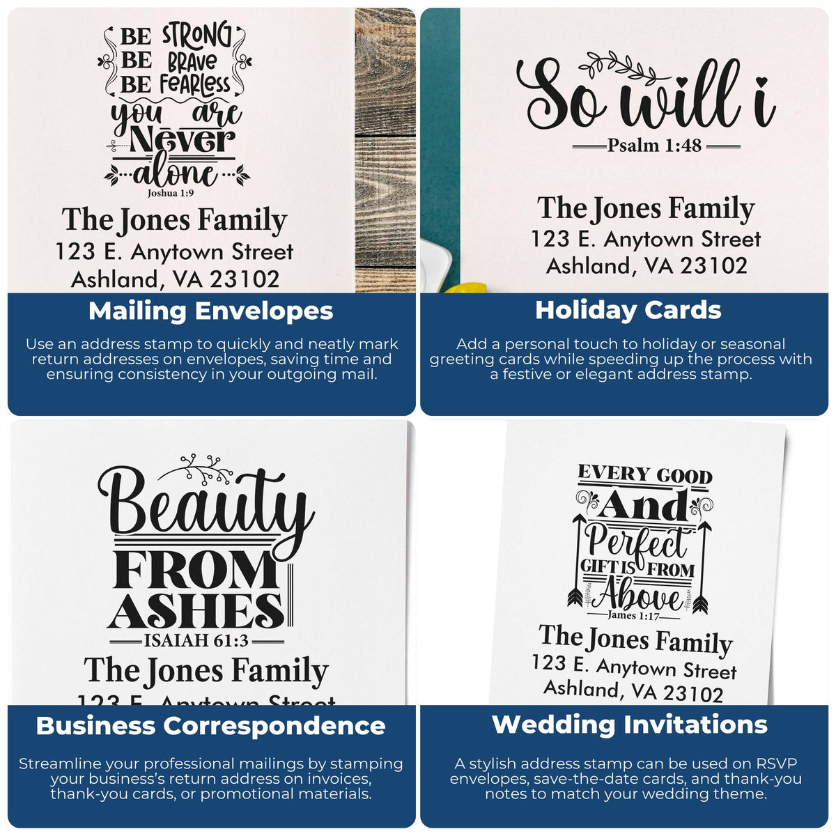 Custom rubber address stamps for envelopes, holiday cards, business mail, and wedding invitations with personalized return addresses.