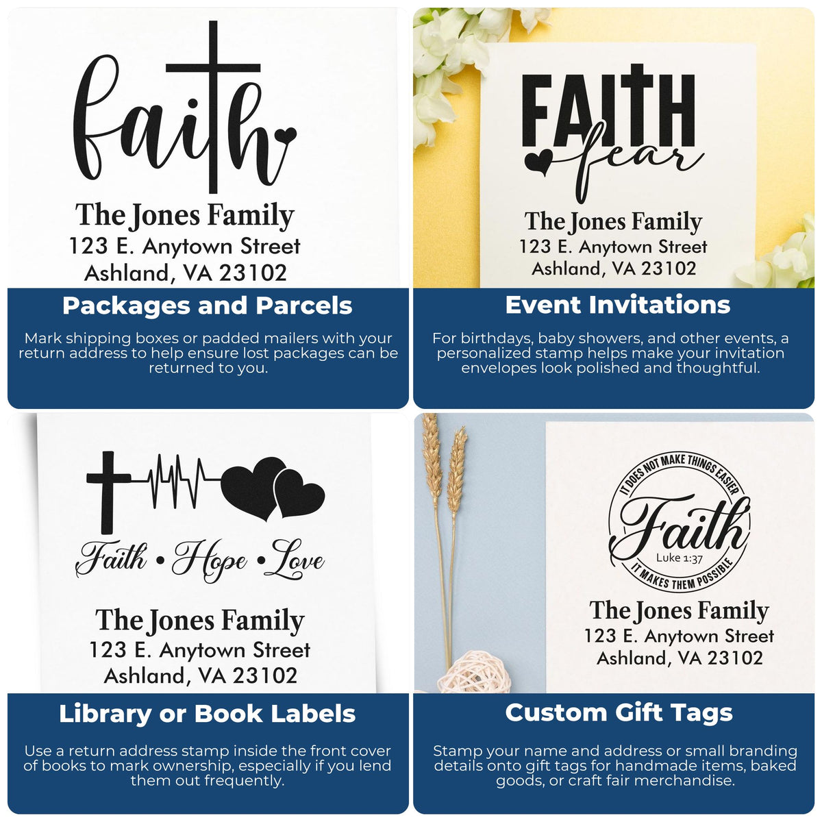 Custom rubber stamp examples for return address, invitations, book labels and gift tags with faith and family designs.