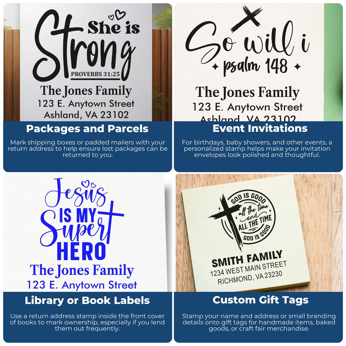Custom rubber stamps for return addresses, invitations, book labels, and gift tags with faith-inspired family designs.