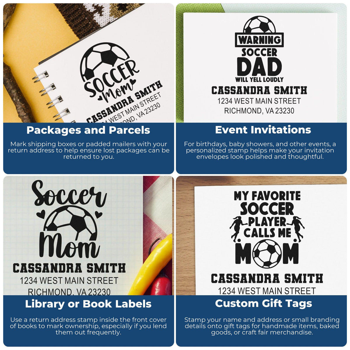 Custom soccer rubber stamps for return addresses, event invitations, book labels, and custom gift tags.