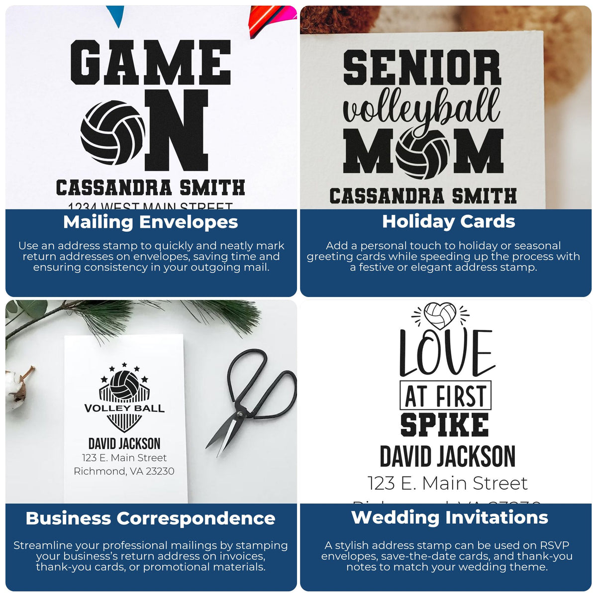 Collage of custom volleyball address rubber stamps for mailing envelopes, holiday cards, business mail, and wedding invitations.