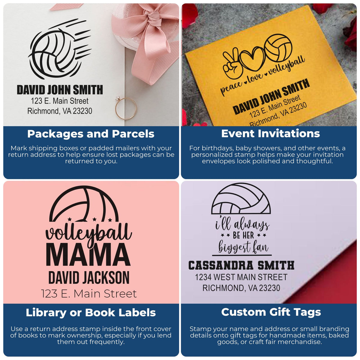 Infographic showing custom rubber stamps for return address labels, event invitations, book labels, and gift tags.