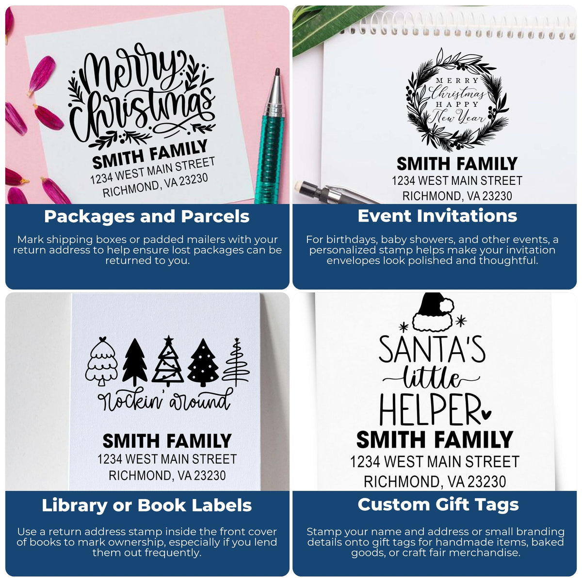 Infographic showing personalized rubber stamp uses for packages, invitations, book labels, and gift tags with holiday return address designs.